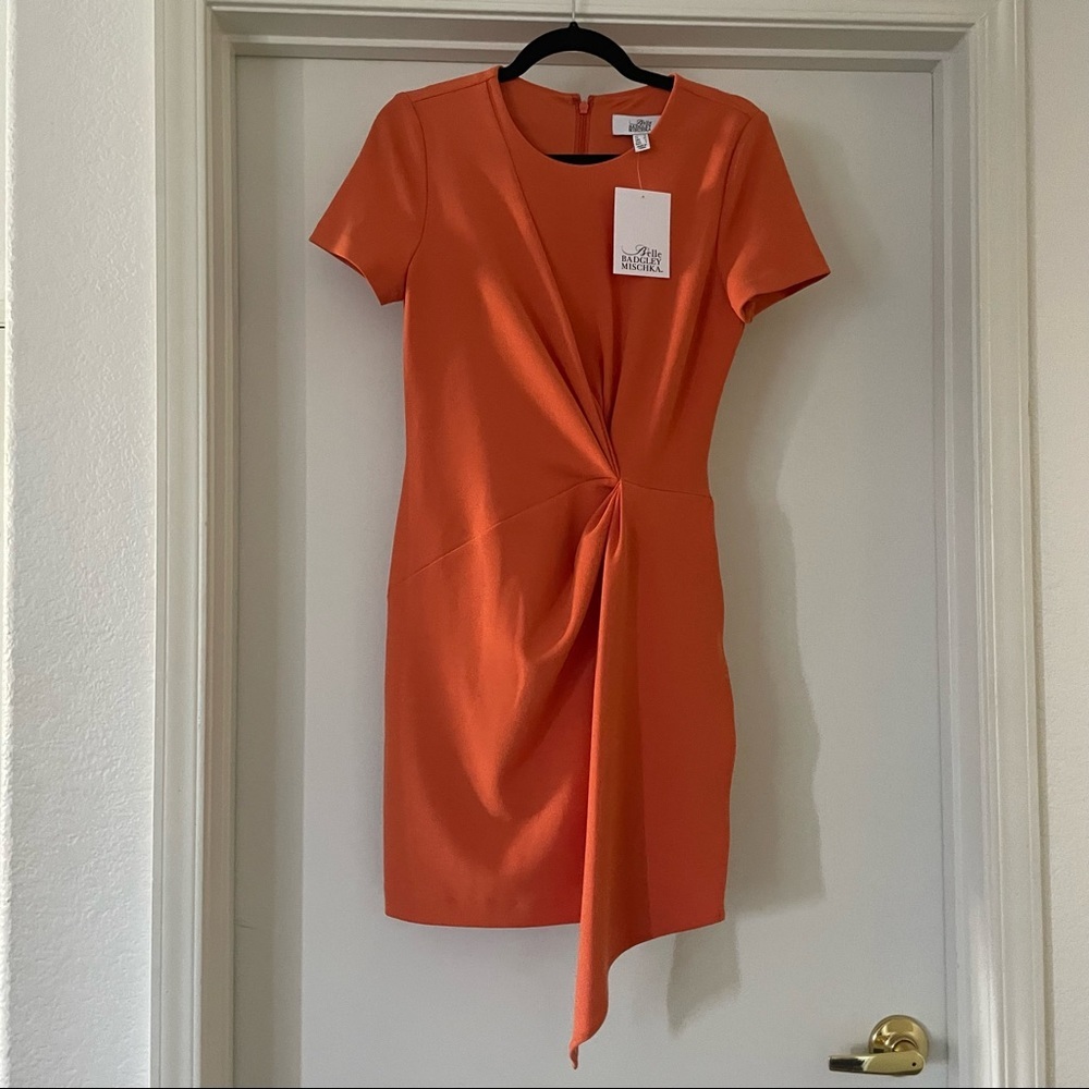 NWT Belle Badgley Mischka Dress Devin Stretch Crepe Short Sleeve Orange -size 2 - Picture 2 of 6
